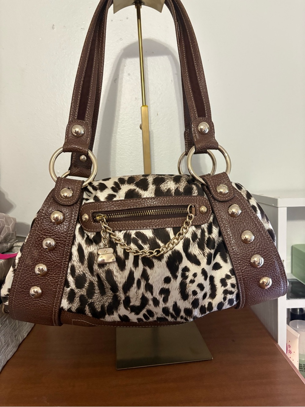 Kathy Van Zeeland Leopard-Print Faux Haircalf Satchel with Brown Trim